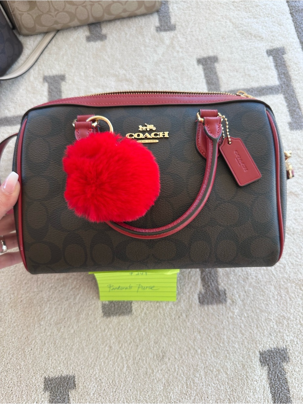 Coach Brown Signature Satchel with Red Trim and Pom